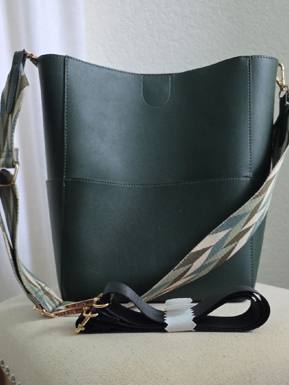 Dark Green Mersi Women’s Bucket Bag with Patterned Strap